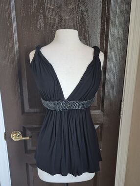 Sky Black Knot-Shoulder Top with Leather Braided Detail Nwot